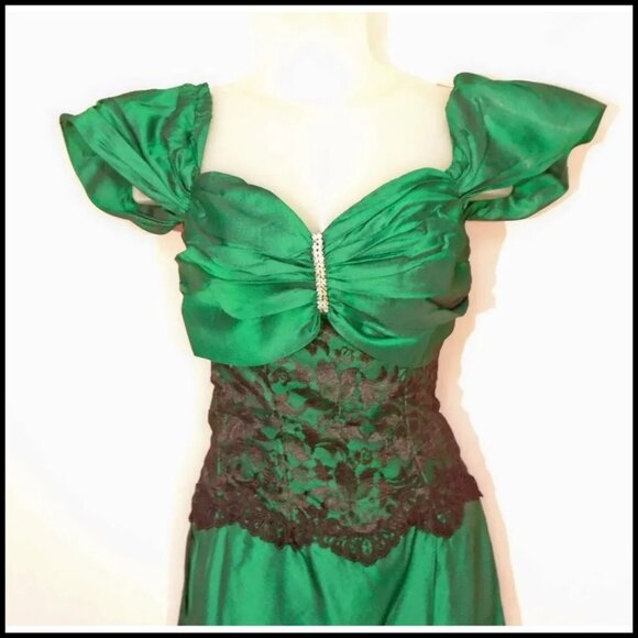 Green Formal Gown, TEA LENGTH with Black Lace Corset VFG Vintage 80s DRAMA - Picture 2 of 16